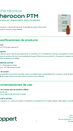 Ficha técnica Pherocon PTM - © Koppert México S.A. de C.V. Ficha técnica Pherocon PTM