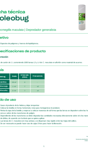 Ficha técnica Coleobug - © Koppert México S.A. de C.V. Ficha técnica Coleobug