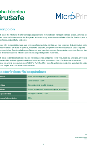 Ficha Técnica ViruSafe - © Micro Prime S. R.L. de C.V. Ficha Técnica ViruSafe